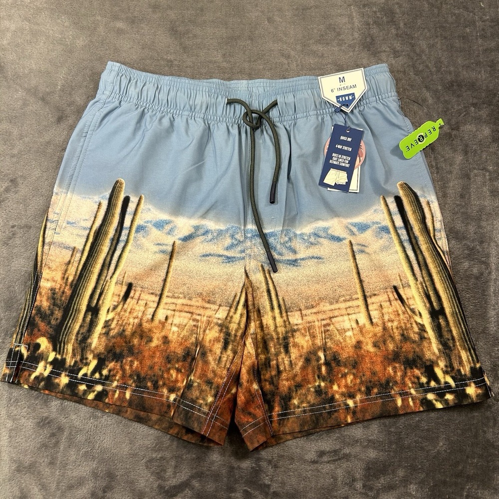ROWM Swim Shorts Men Medium 30" Blue Cactus Graphic Quick Dry Drawstring NEW